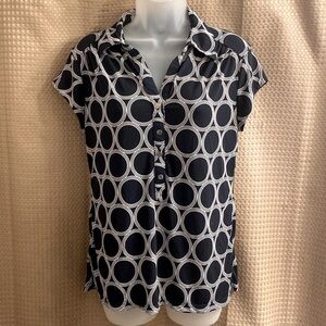 Alfani Women’s Blue and White Top with Geometric Design, Decorative Buttons
